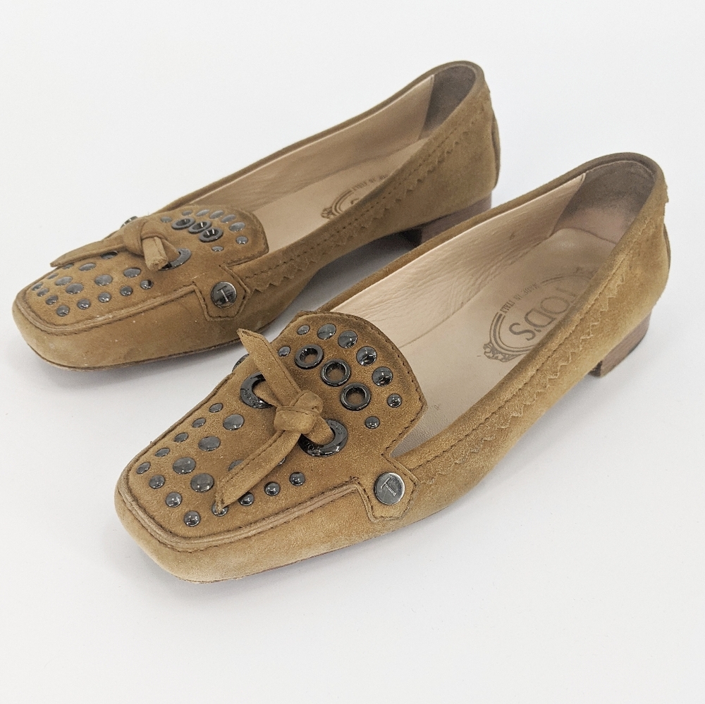 Tod's Tan Suede Studded Square Toe Tie Loafers